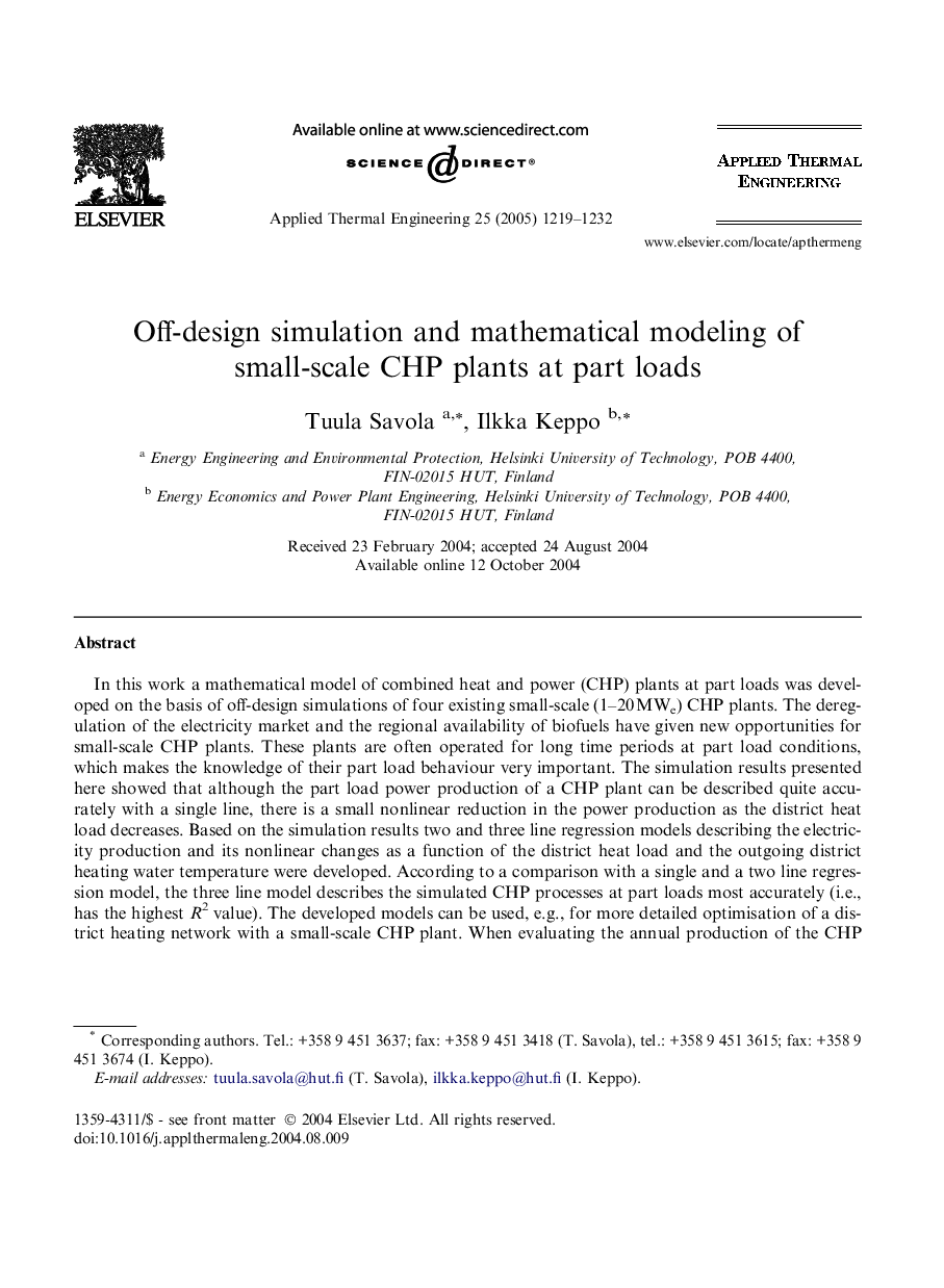 Off-design simulation and mathematical modeling of small-scale CHP plants at part loads