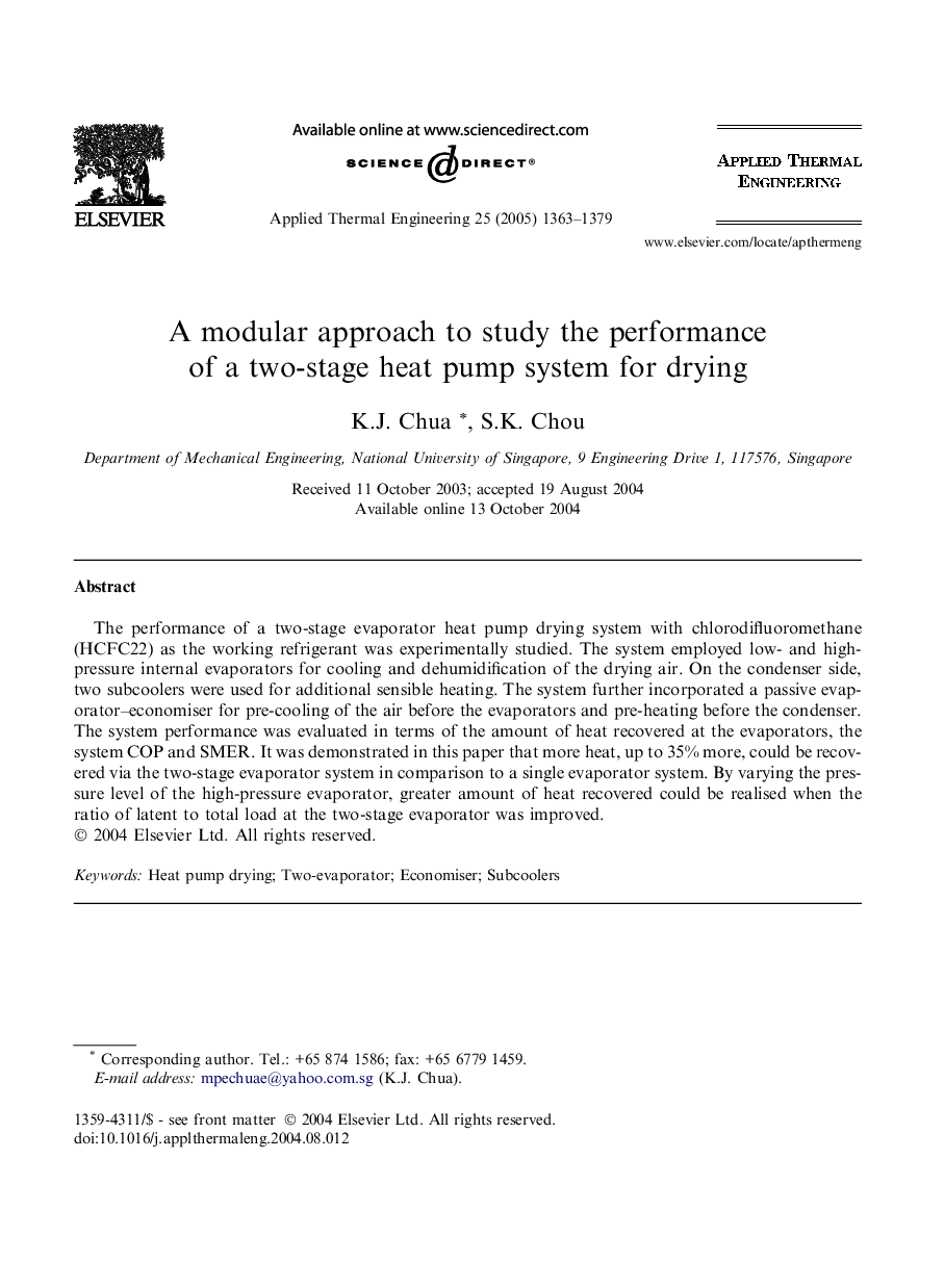 A modular approach to study the performance of a two-stage heat pump system for drying