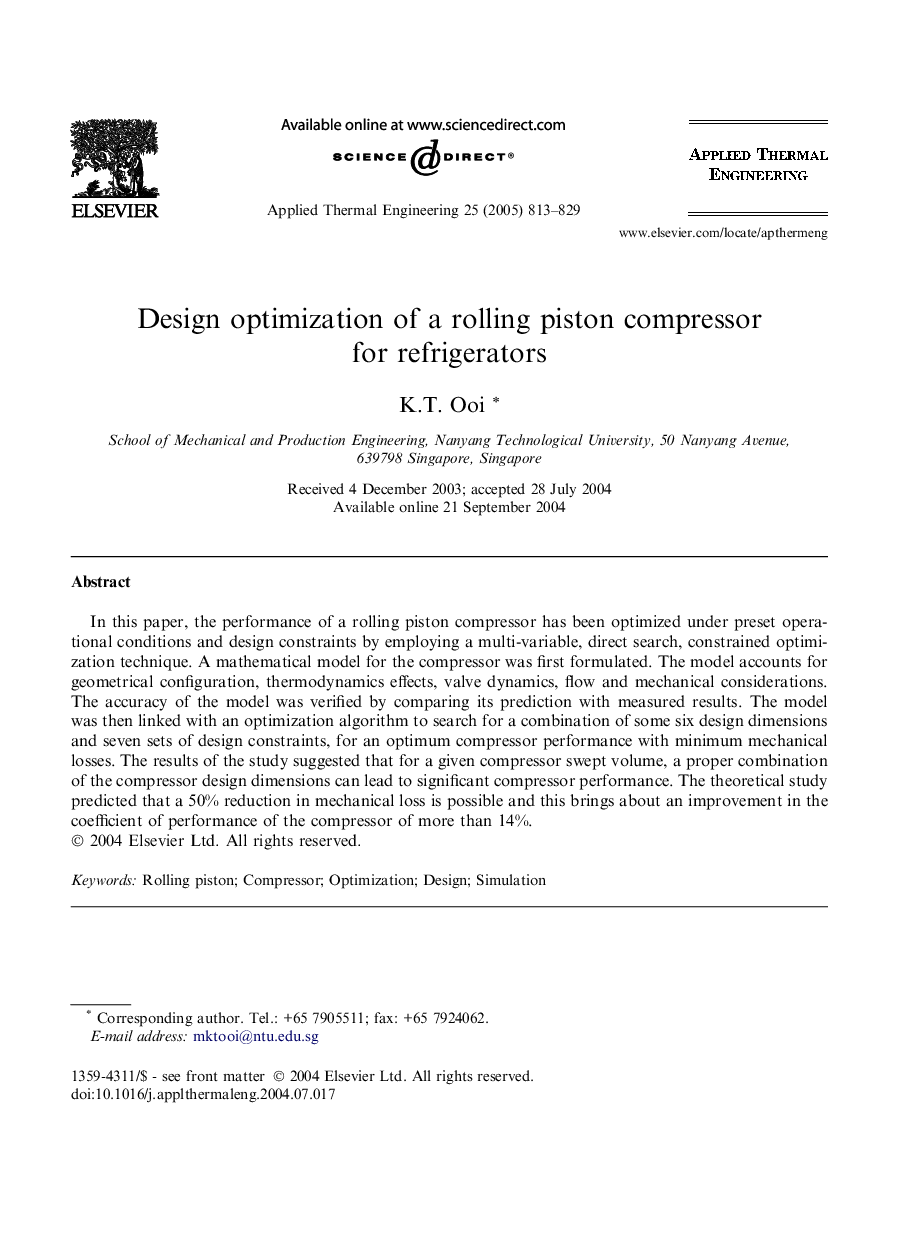 Design optimization of a rolling piston compressor for refrigerators