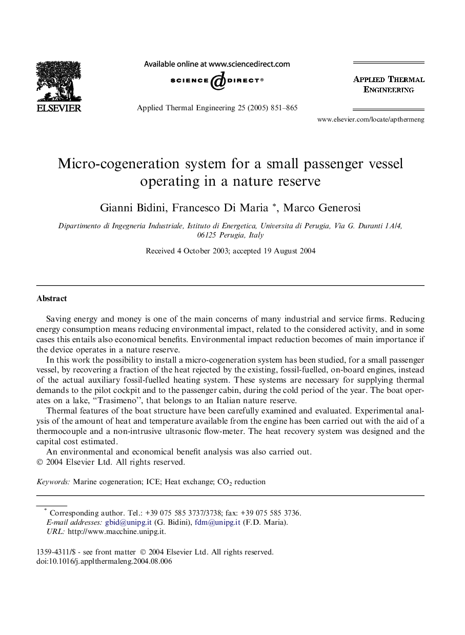 Micro-cogeneration system for a small passenger vessel operating in a nature reserve