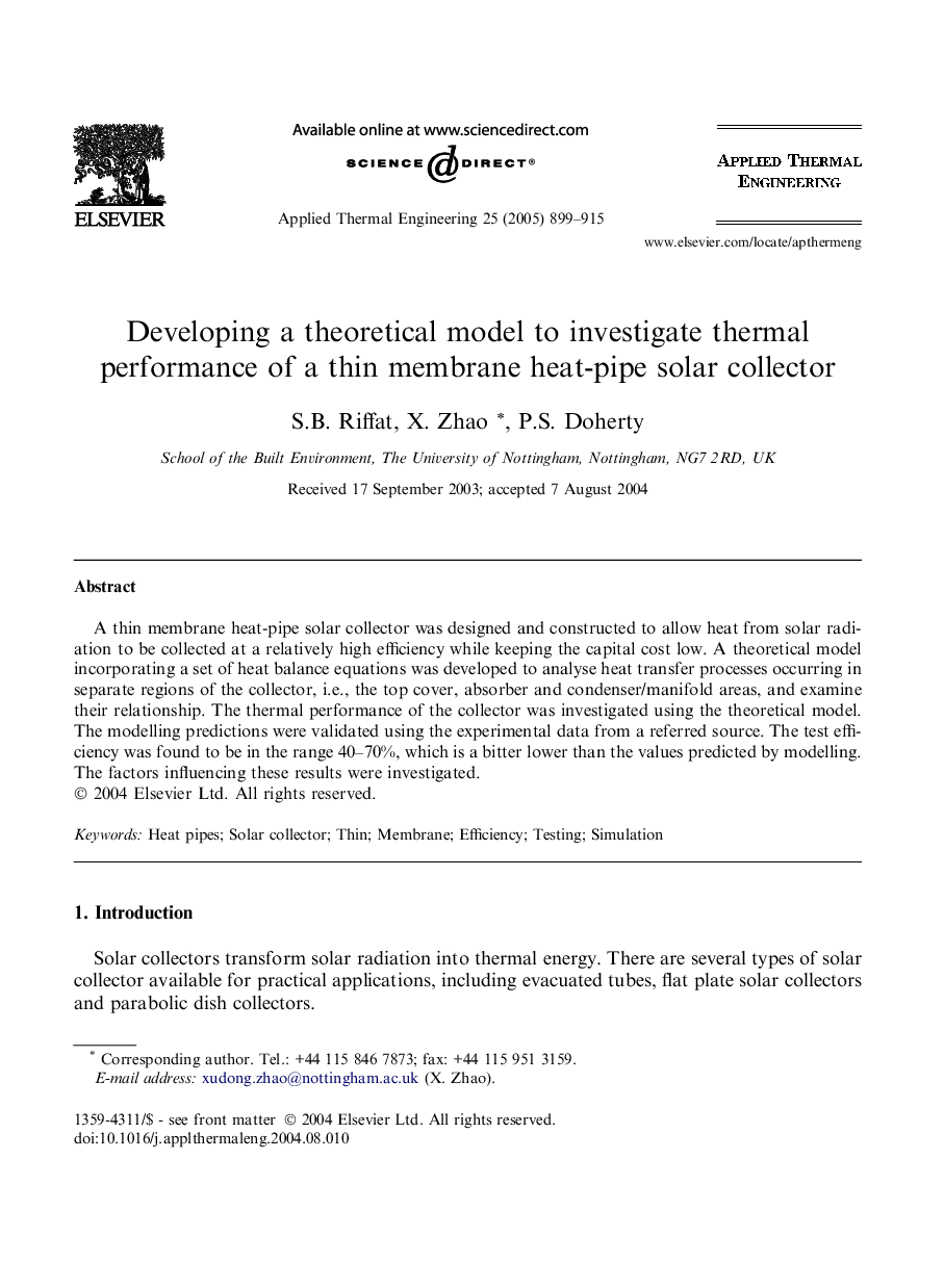 Developing a theoretical model to investigate thermal performance of a thin membrane heat-pipe solar collector