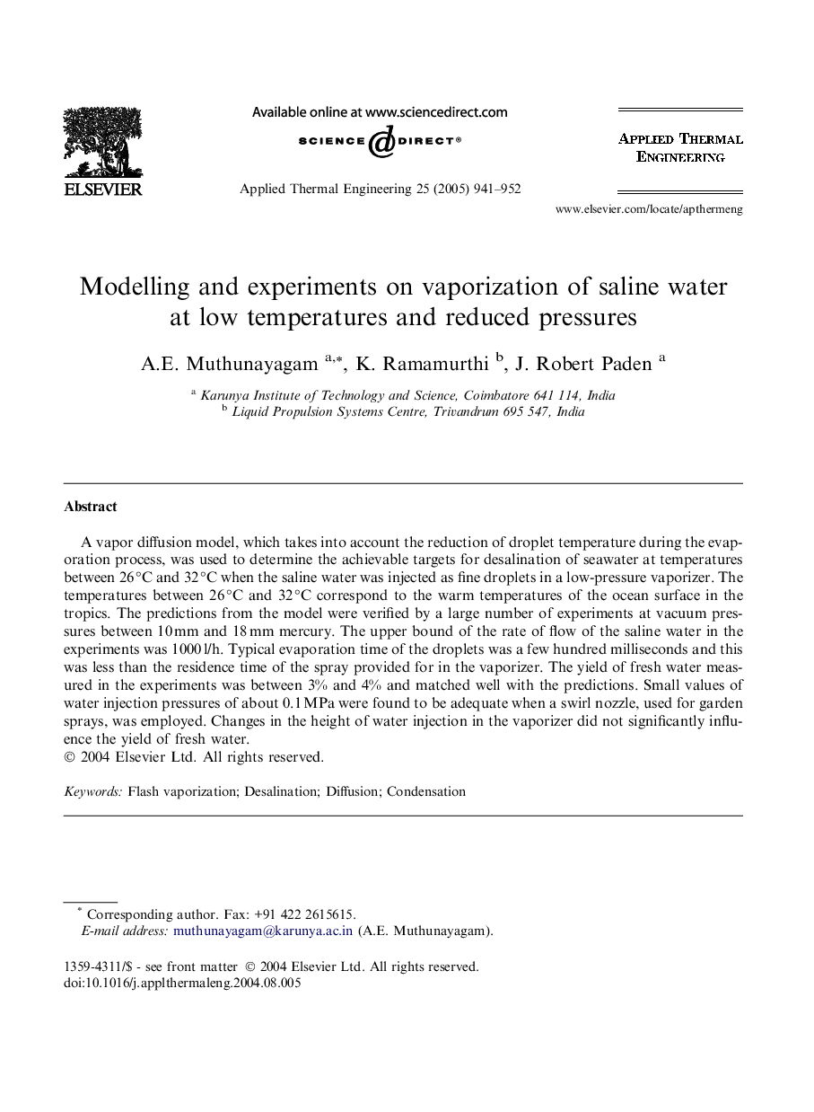 Modelling and experiments on vaporization of saline water at low temperatures and reduced pressures