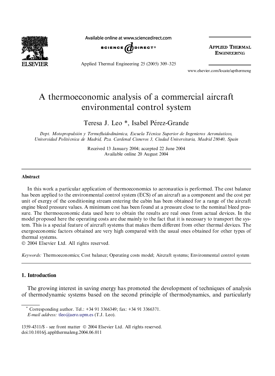 A thermoeconomic analysis of a commercial aircraft environmental control system