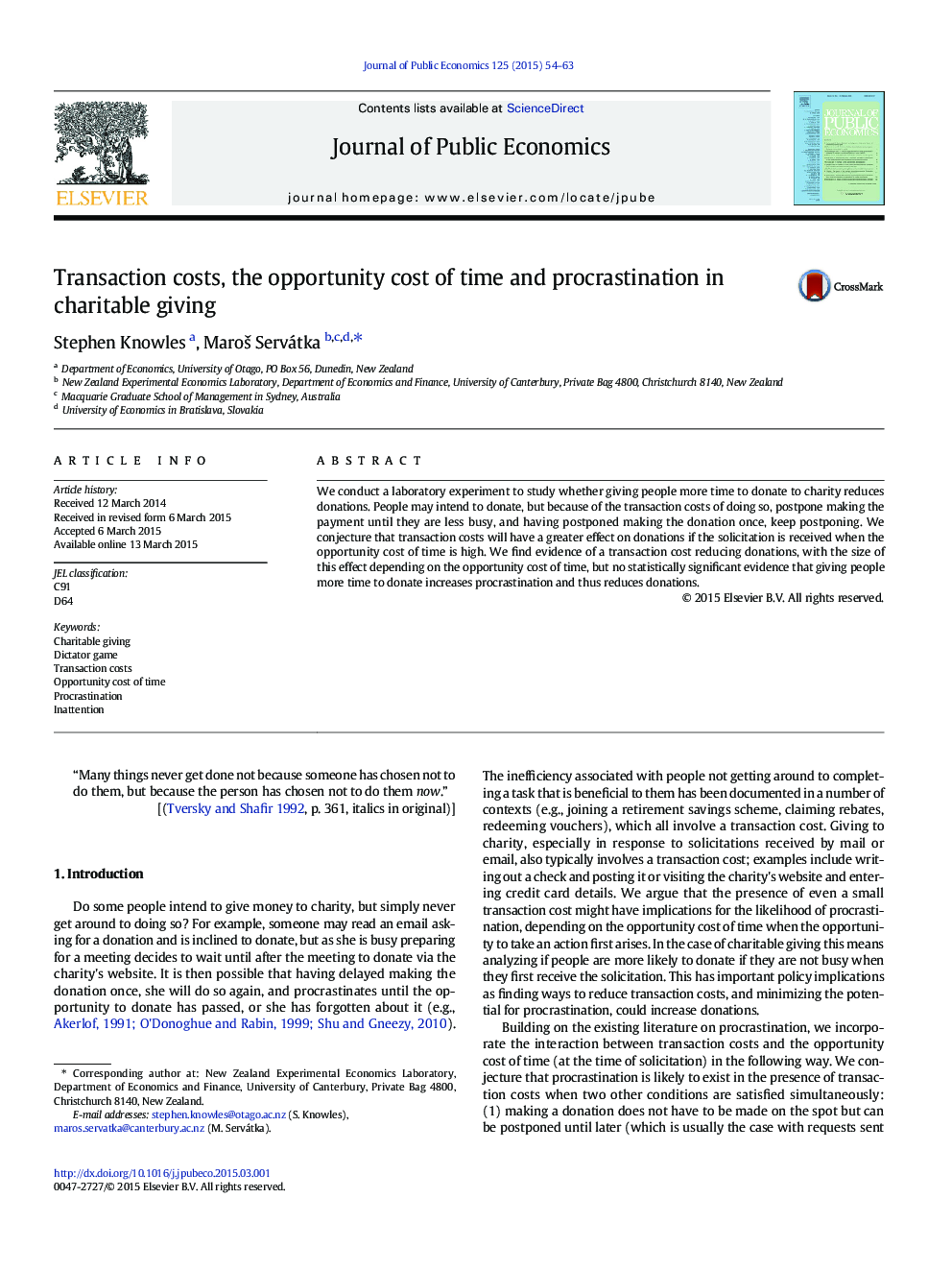 Transaction costs, the opportunity cost of time and procrastination in charitable giving