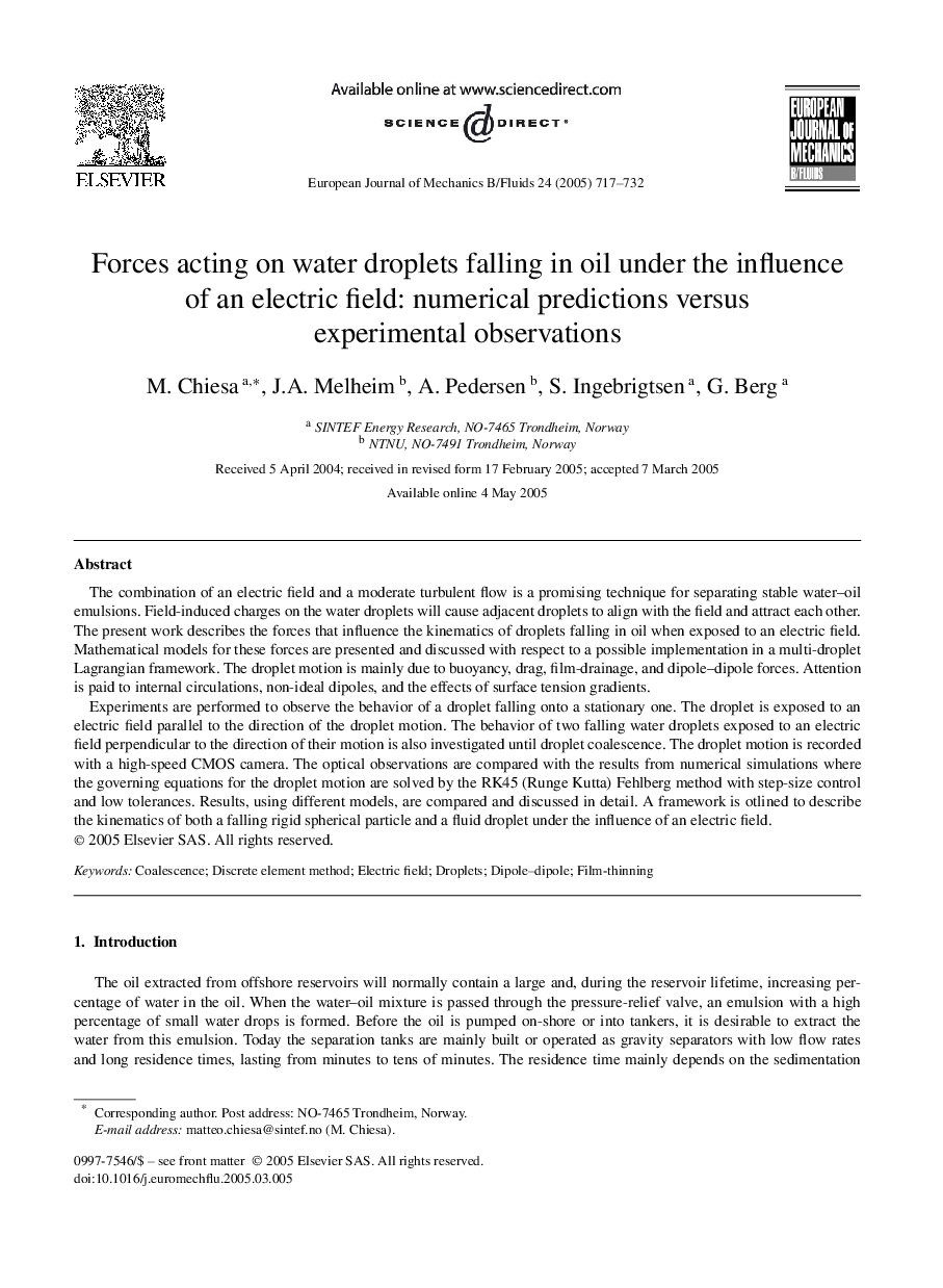 Forces acting on water droplets falling in oil under the influence of an electric field: numerical predictions versus experimental observations