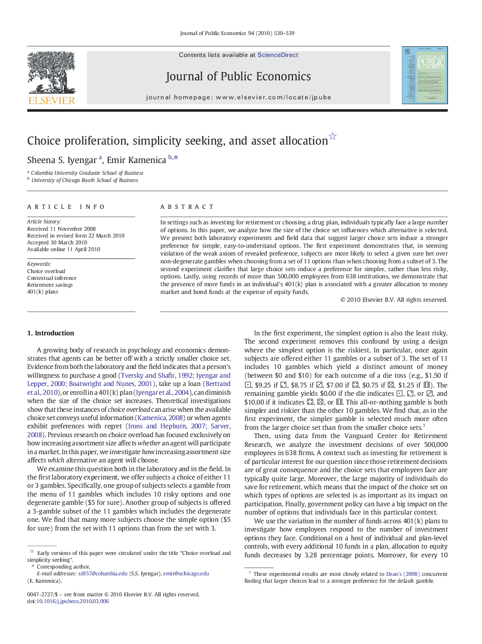 Choice proliferation, simplicity seeking, and asset allocation 