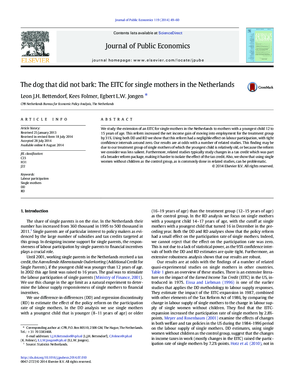 The dog that did not bark: The EITC for single mothers in the Netherlands