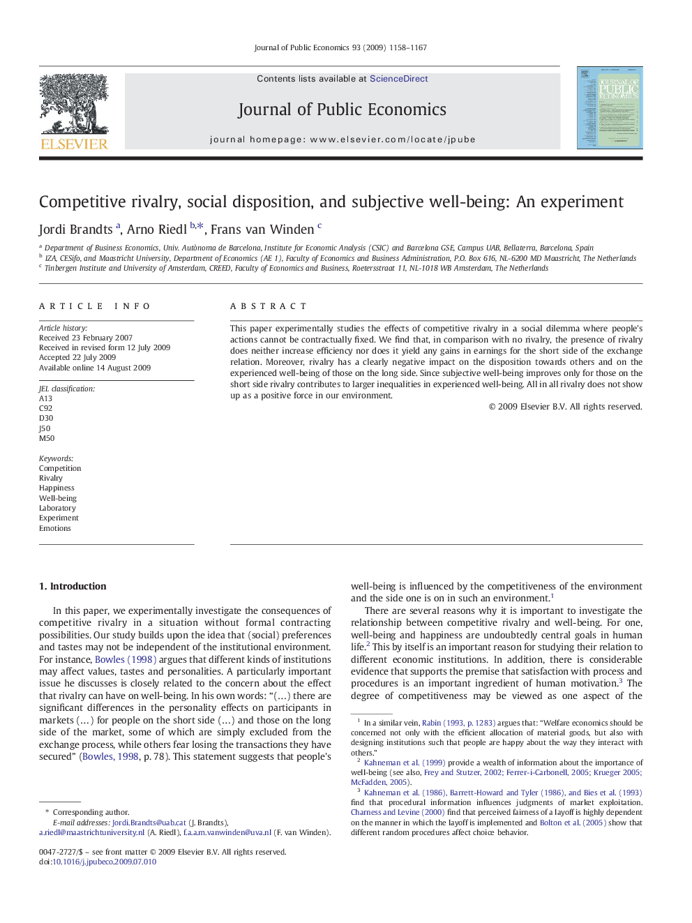 Competitive rivalry, social disposition, and subjective well-being: An experiment