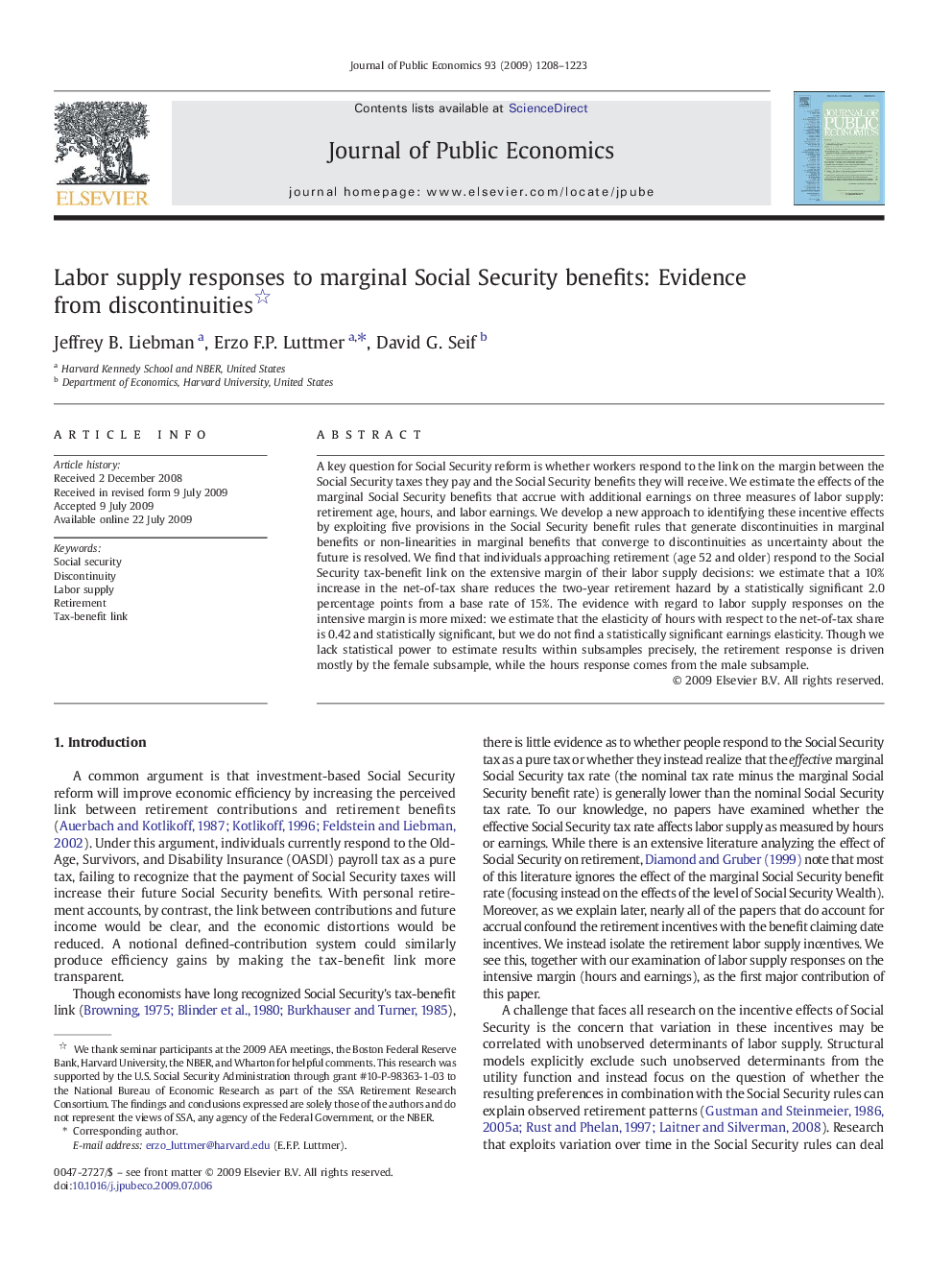 Labor supply responses to marginal Social Security benefits: Evidence from discontinuities 