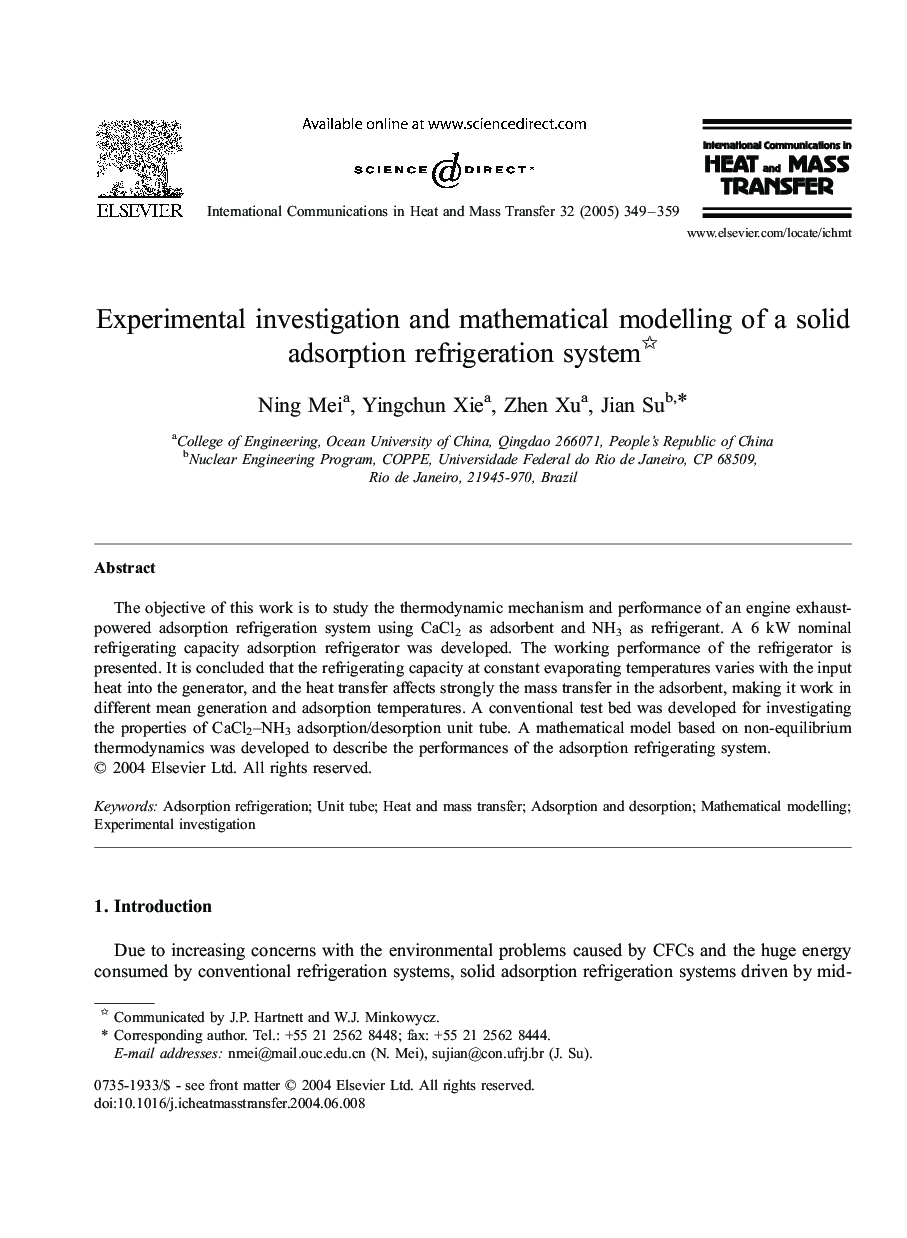 Experimental investigation and mathematical modelling of a solid adsorption refrigeration system