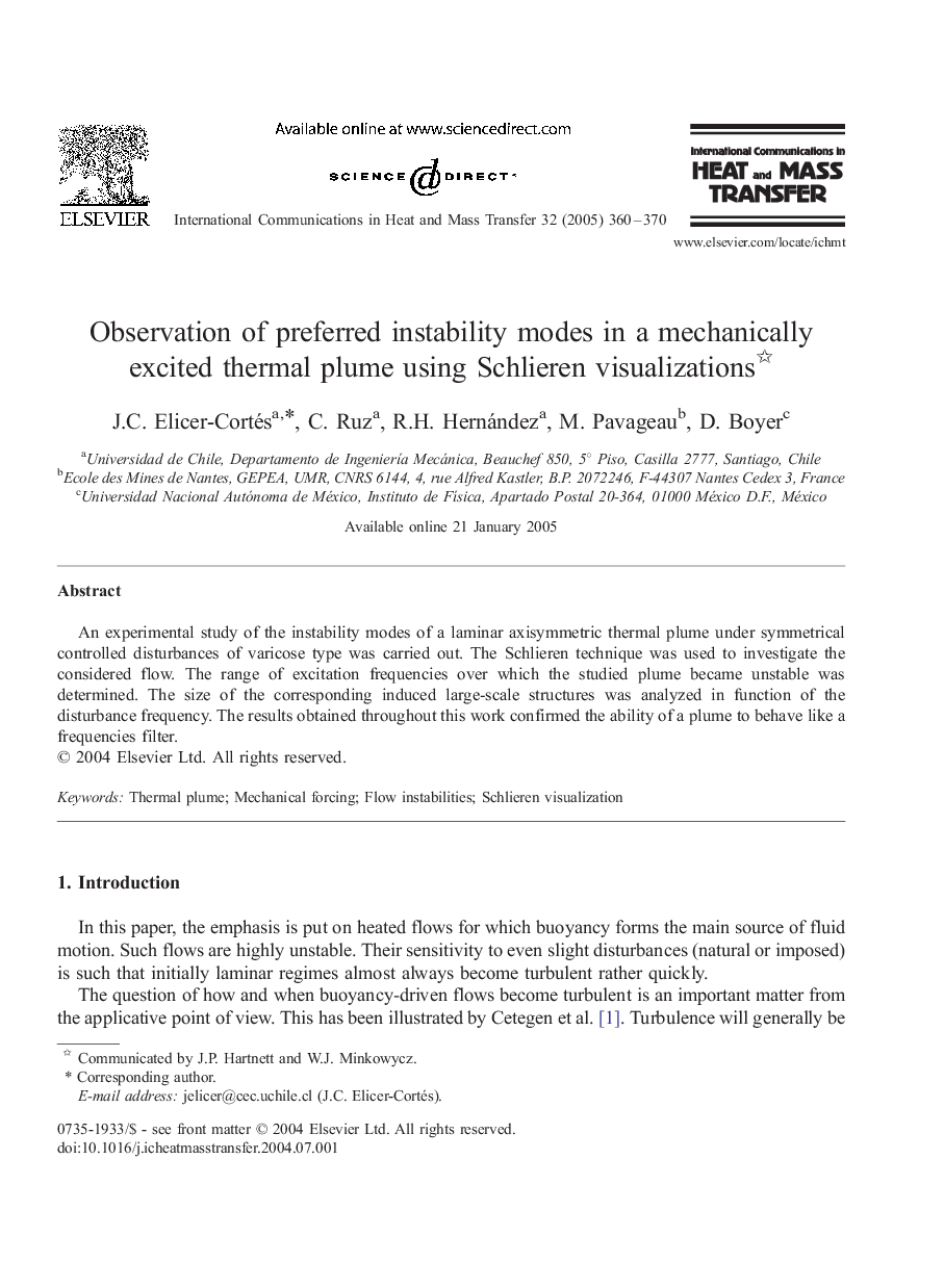 Observation of preferred instability modes in a mechanically excited thermal plume using Schlieren visualizations