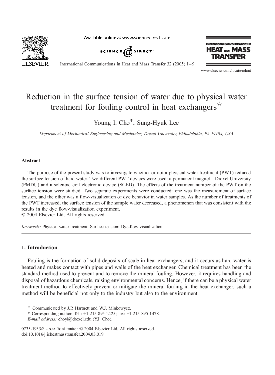 Reduction in the surface tension of water due to physical water treatment for fouling control in heat exchangers