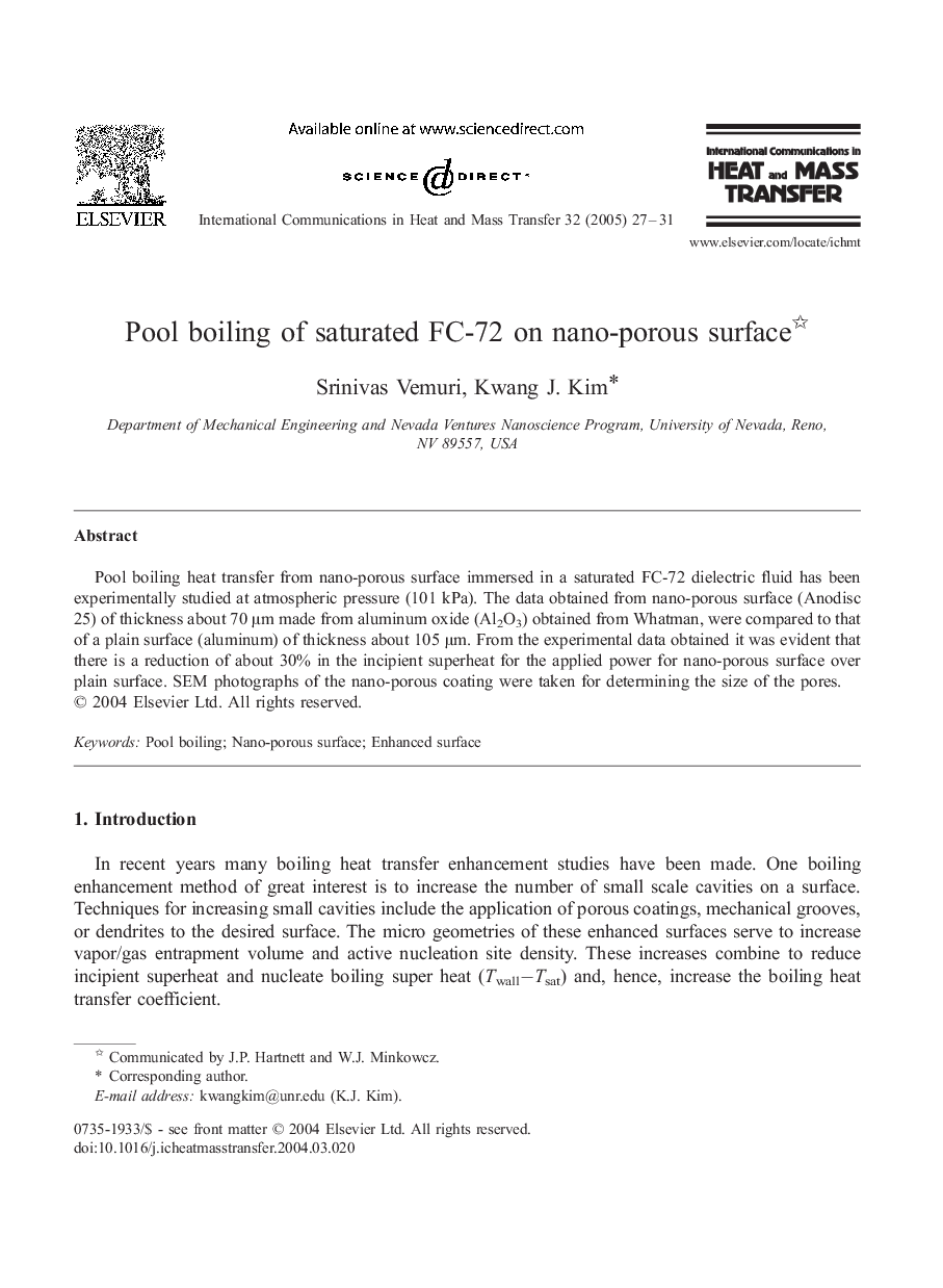 Pool boiling of saturated FC-72 on nano-porous surface
