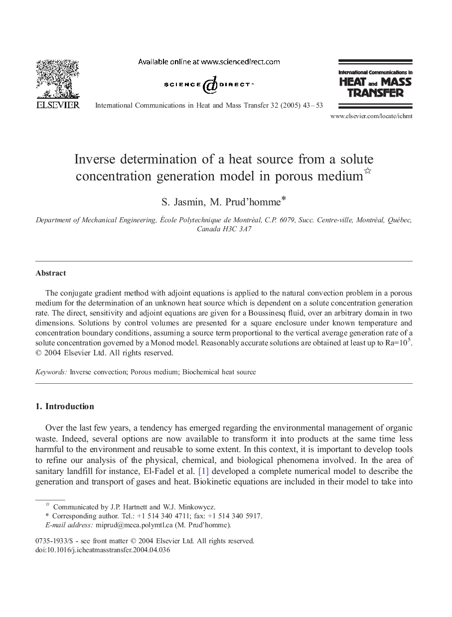 Inverse determination of a heat source from a solute concentration generation model in porous medium