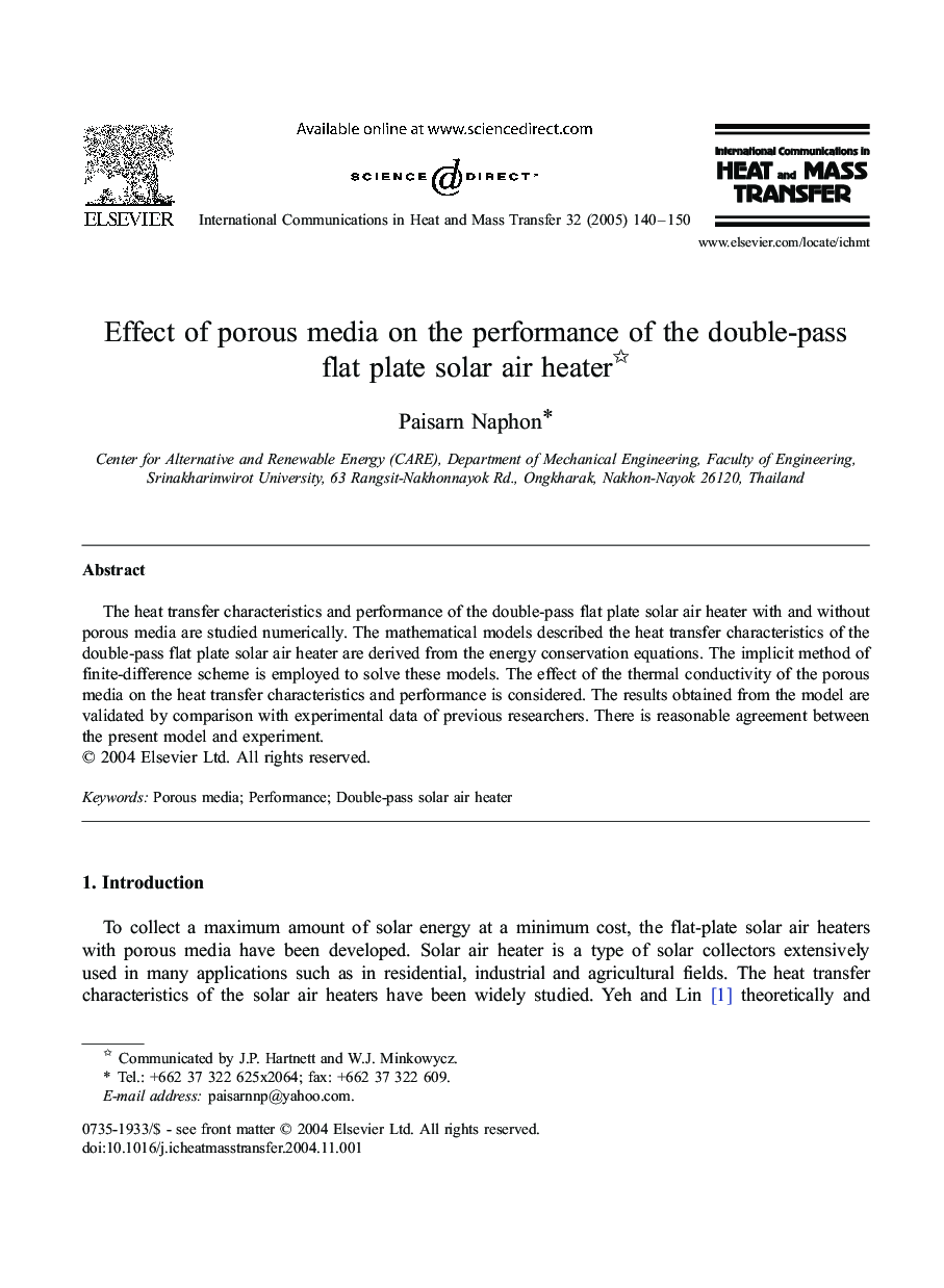 Effect of porous media on the performance of the double-pass flat plate solar air heater