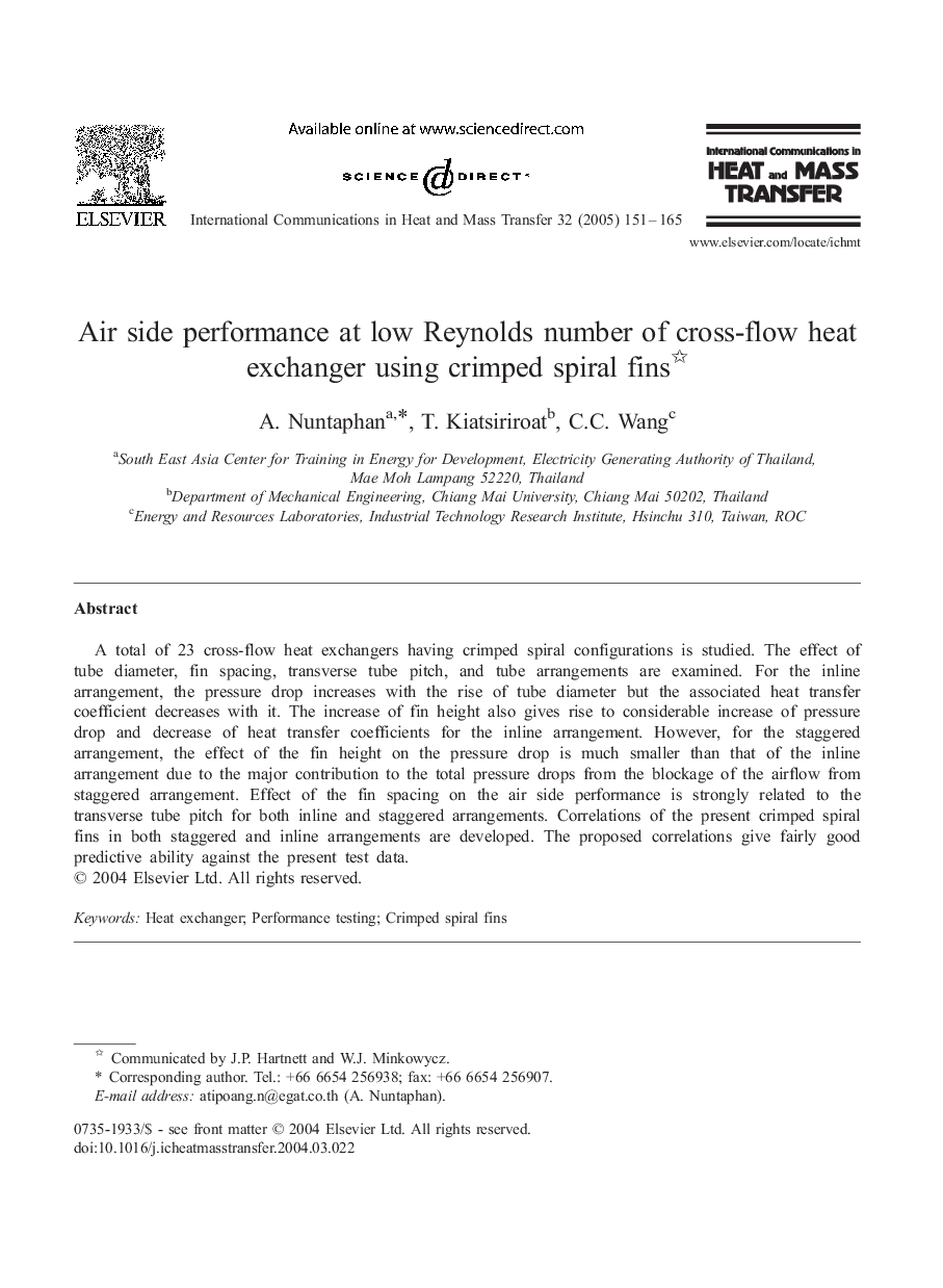 Air side performance at low Reynolds number of cross-flow heat exchanger using crimped spiral fins