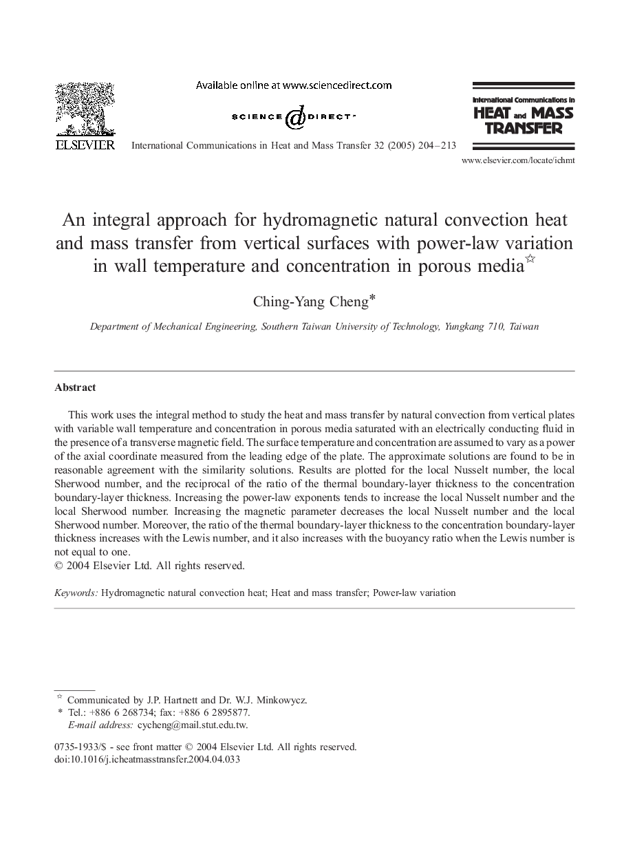 An integral approach for hydromagnetic natural convection heat and mass transfer from vertical surfaces with power-law variation in wall temperature and concentration in porous media