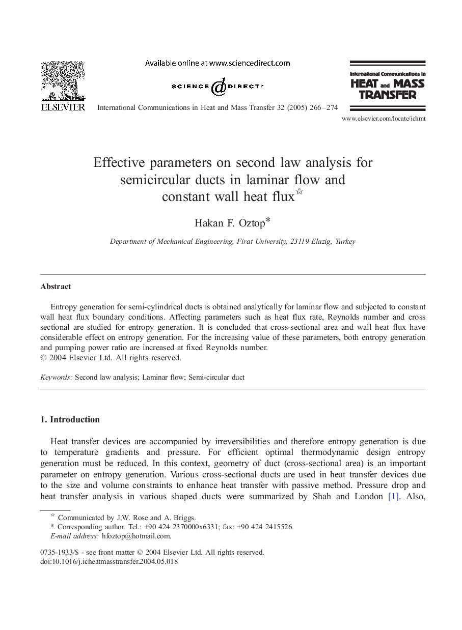 عکس صفحه اول مقاله: Effective parameters on second law analysis for semicircular ducts in laminar flow and constant wall heat flux Effective parameters on second law analysis for semicircular ducts in laminar flow and constant wall heat flux