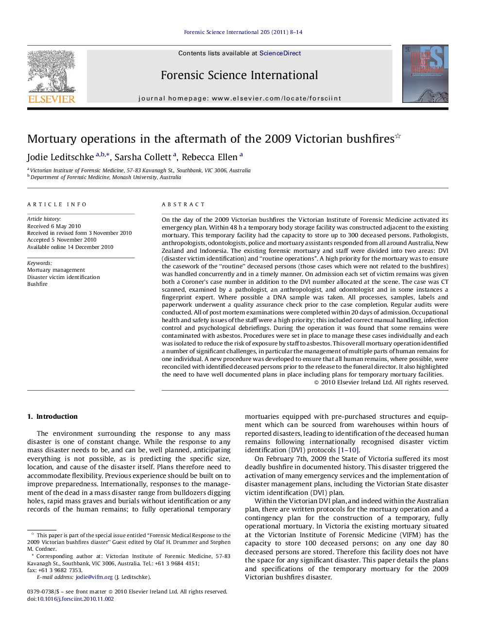 Mortuary operations in the aftermath of the 2009 Victorian bushfires 