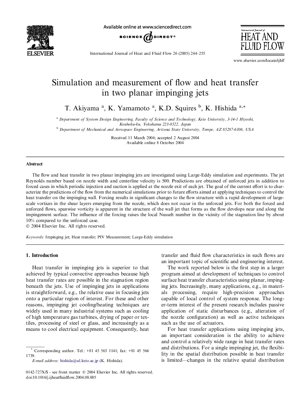 Simulation and measurement of flow and heat transfer in two planar impinging jets