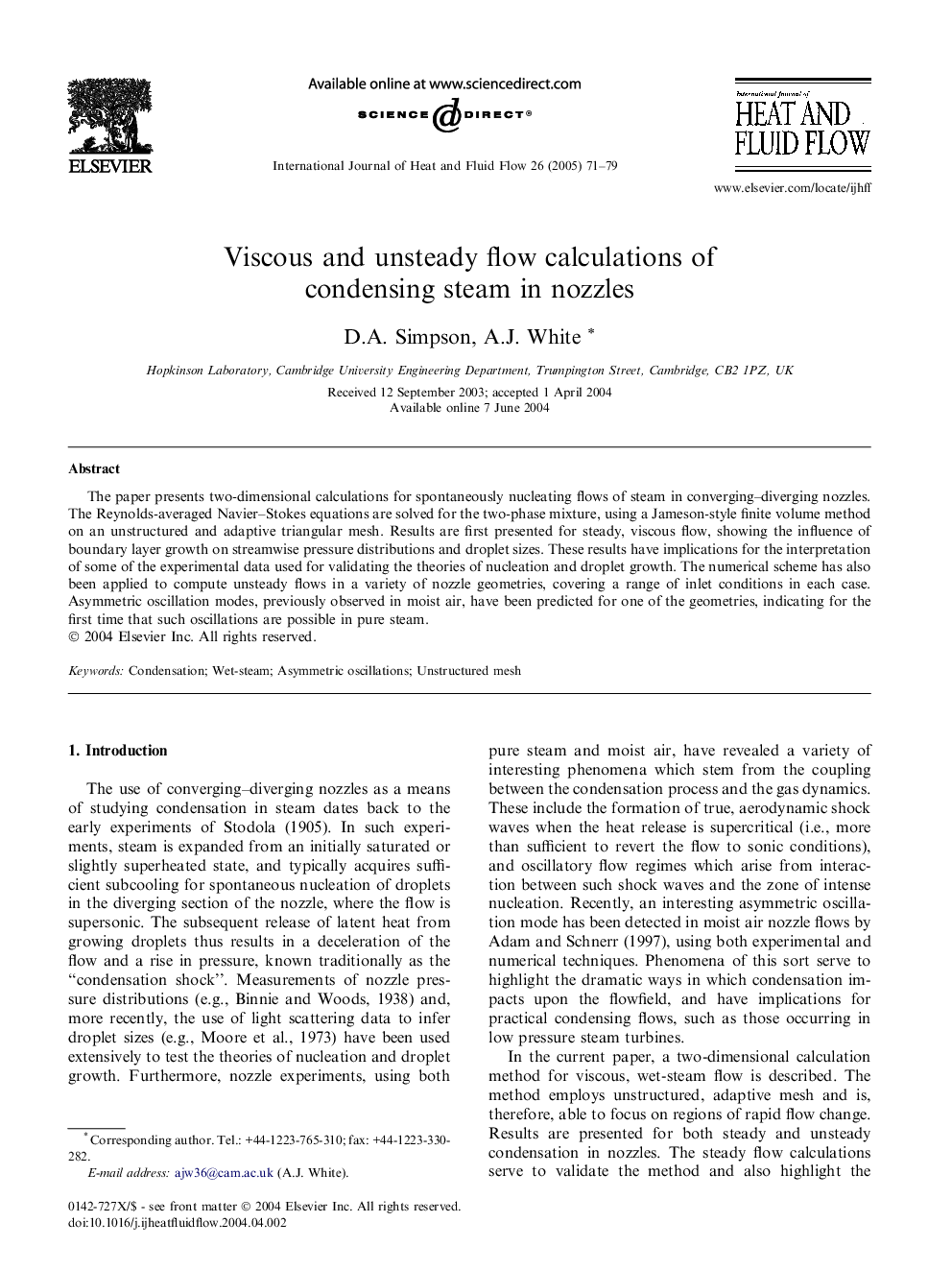 Viscous and unsteady flow calculations of condensing steam in nozzles