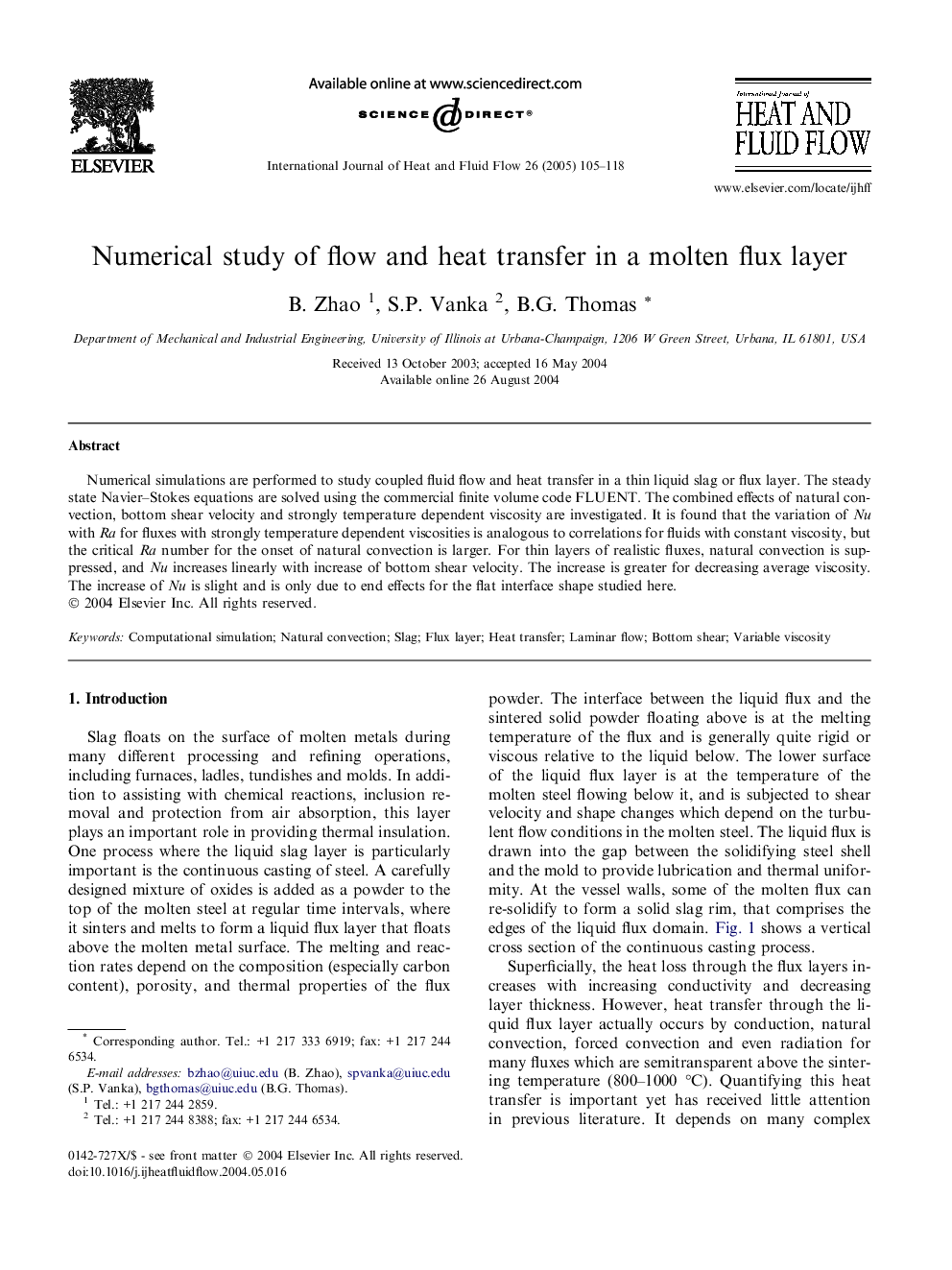 Numerical study of flow and heat transfer in a molten flux layer