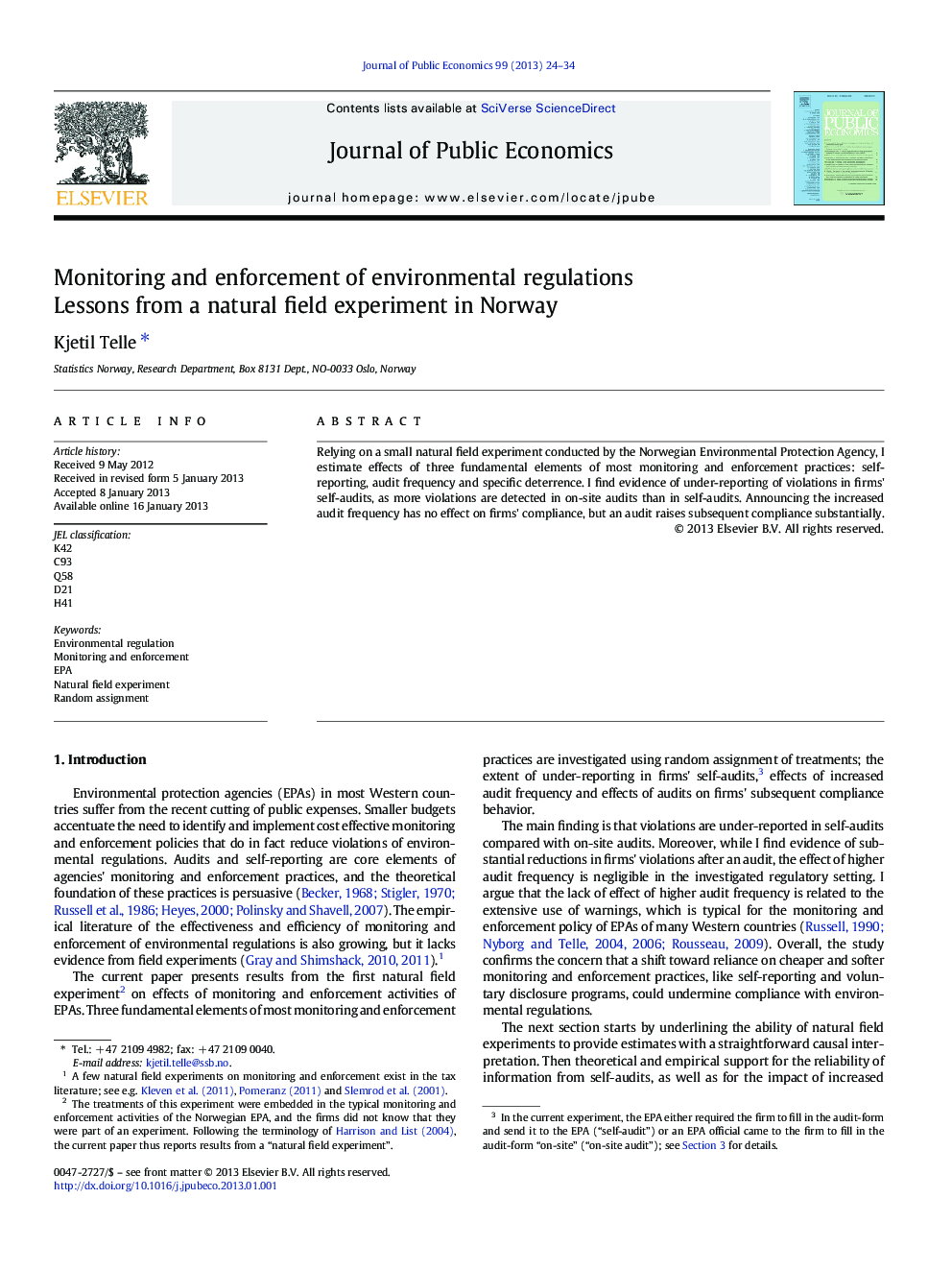 Monitoring and enforcement of environmental regulations: Lessons from a natural field experiment in Norway