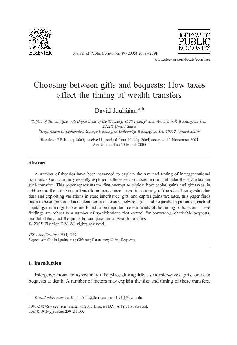 Choosing between gifts and bequests: How taxes affect the timing of wealth transfers