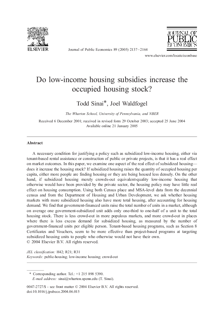 Do low-income housing subsidies increase the occupied housing stock?