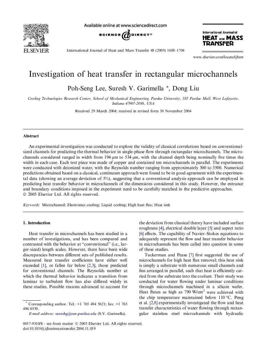 Investigation of heat transfer in rectangular microchannels