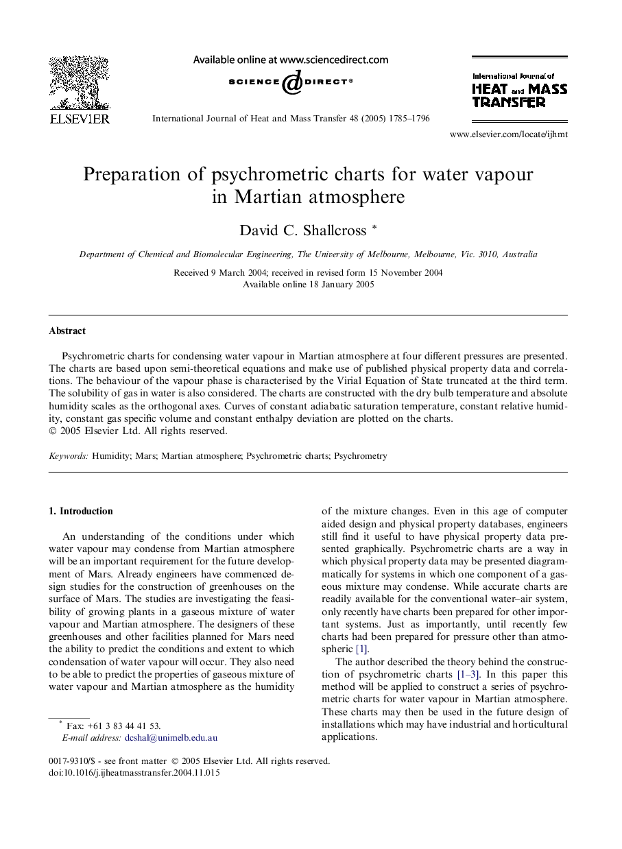 Preparation of psychrometric charts for water vapour in Martian atmosphere