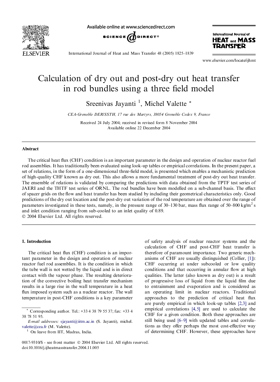 Calculation of dry out and post-dry out heat transfer in rod bundles using a three field model