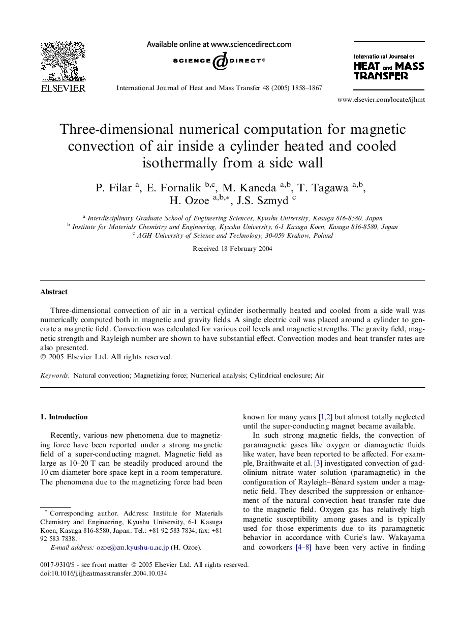 Three-dimensional numerical computation for magnetic convection of air inside a cylinder heated and cooled isothermally from a side wall