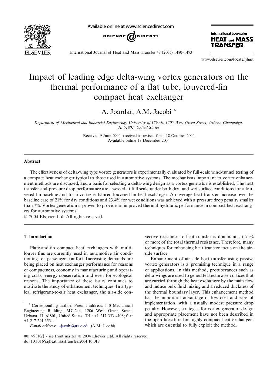 Impact of leading edge delta-wing vortex generators on the thermal performance of a flat tube, louvered-fin compact heat exchanger