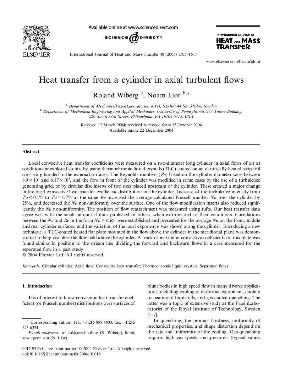 Heat transfer from a cylinder in axial turbulent flows