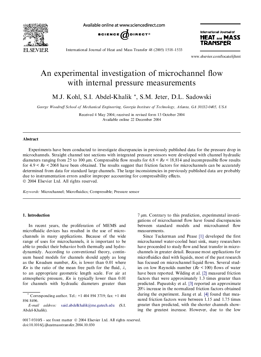 An experimental investigation of microchannel flow with internal pressure measurements