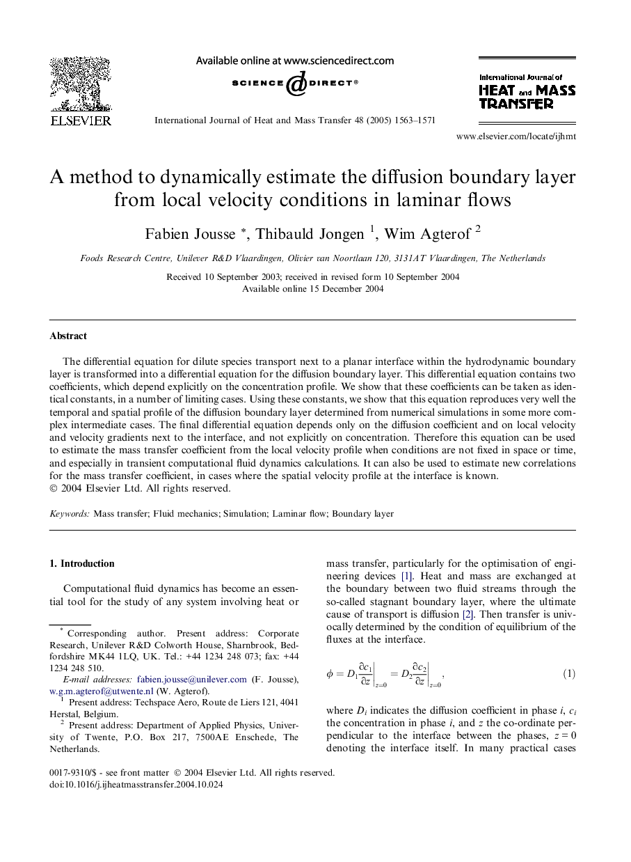 A method to dynamically estimate the diffusion boundary layer from local velocity conditions in laminar flows