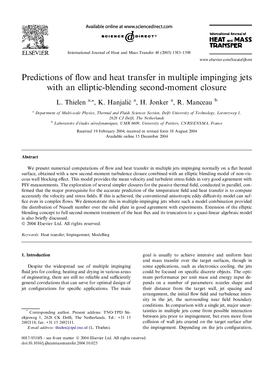 Predictions of flow and heat transfer in multiple impinging jets with an elliptic-blending second-moment closure