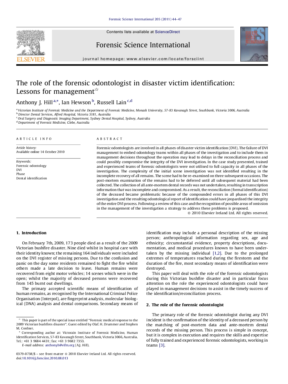 The role of the forensic odontologist in disaster victim identification: Lessons for management 