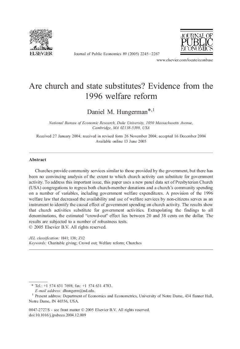 Are church and state substitutes? Evidence from the 1996 welfare reform