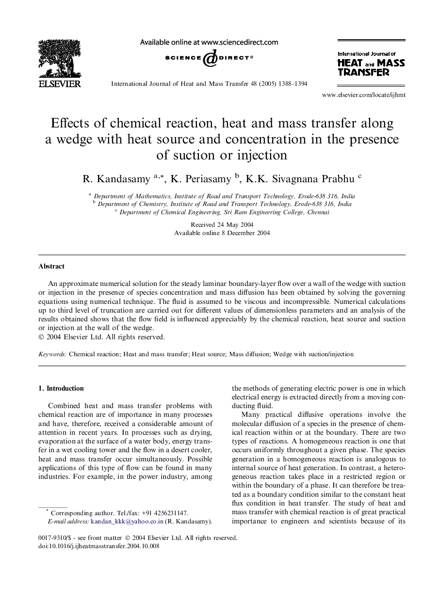 Effects of chemical reaction, heat and mass transfer along a wedge with heat source and concentration in the presence of suction or injection