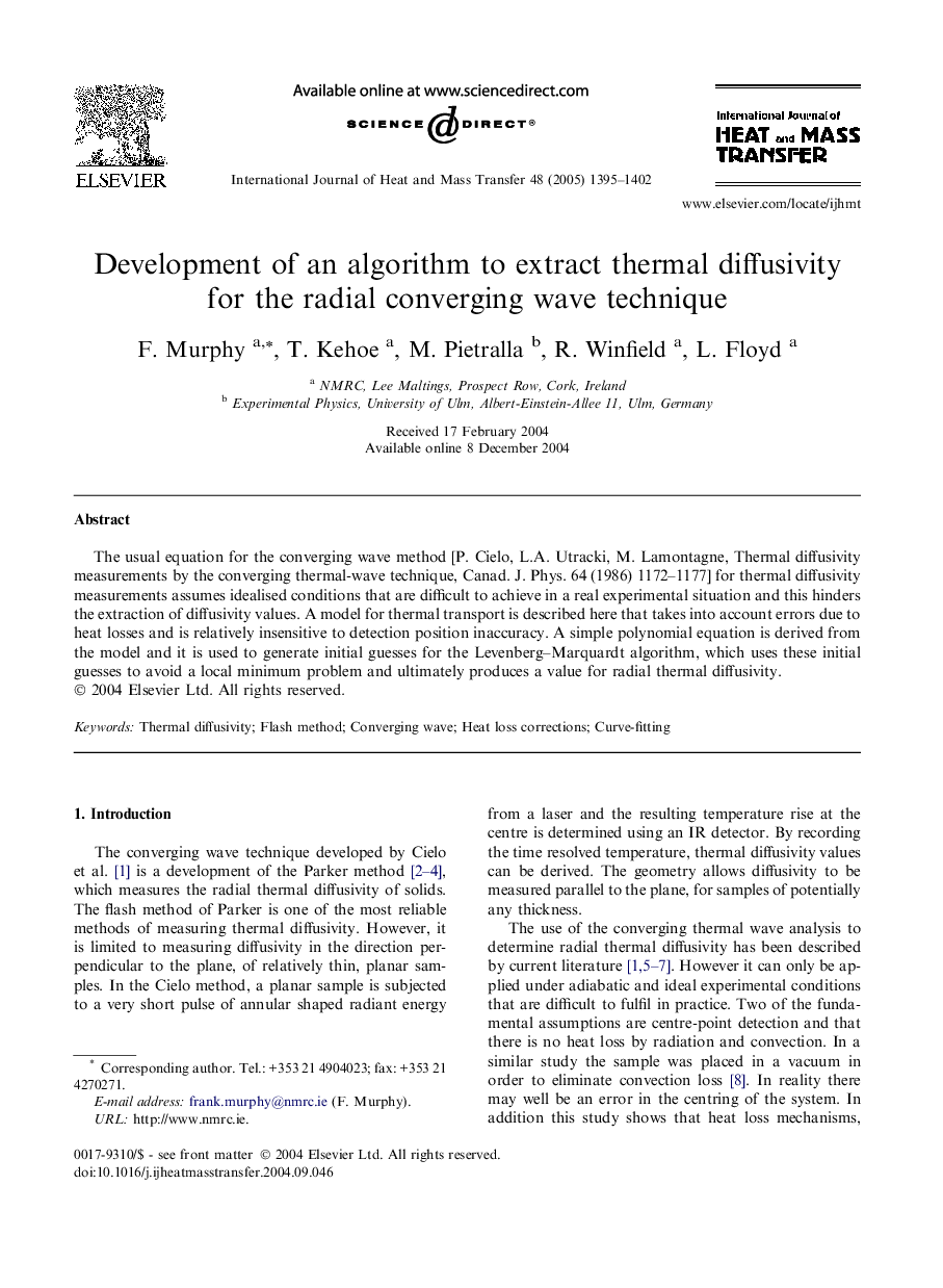 Development of an algorithm to extract thermal diffusivity for the radial converging wave technique