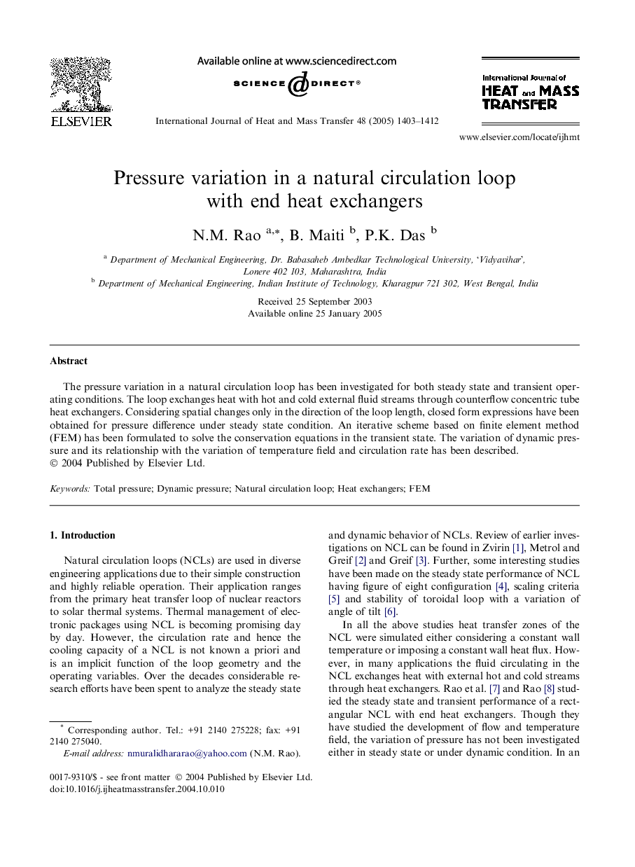 Pressure variation in a natural circulation loop with end heat exchangers