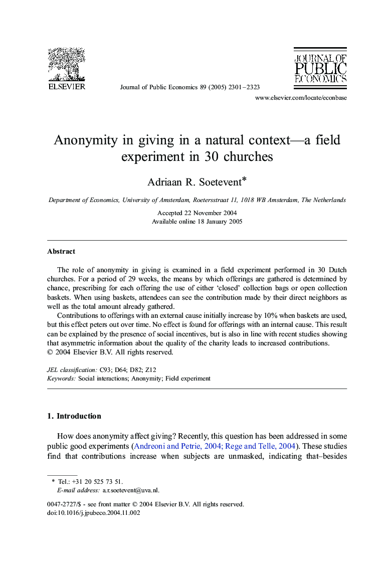 Anonymity in giving in a natural context—a field experiment in 30 churches