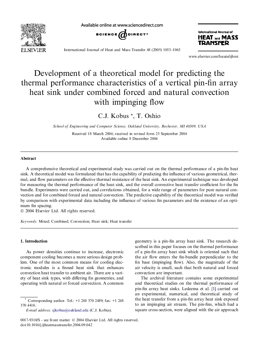 Development of a theoretical model for predicting the thermal performance characteristics of a vertical pin-fin array heat sink under combined forced and natural convection with impinging flow