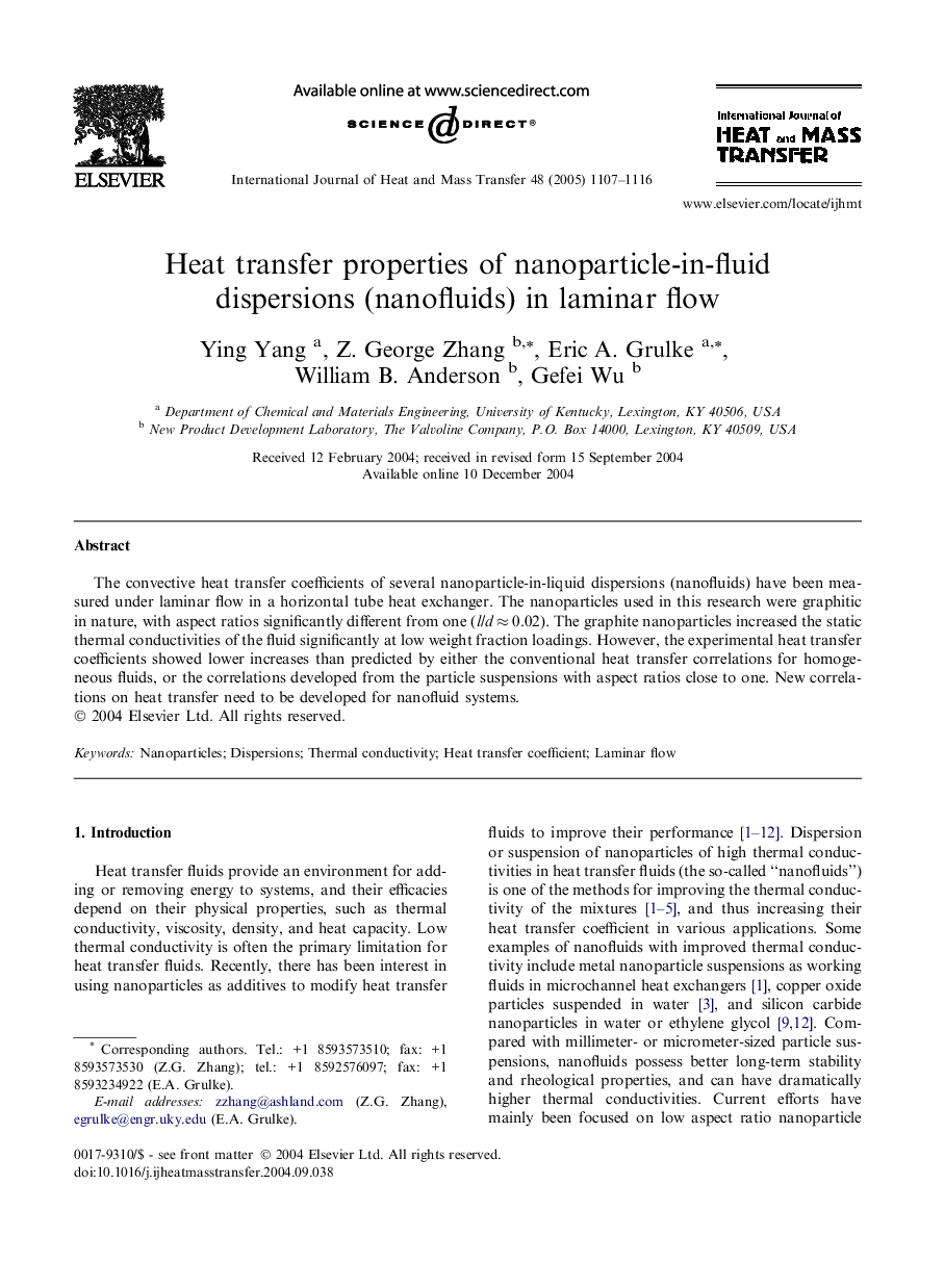 Heat transfer properties of nanoparticle-in-fluid dispersions (nanofluids) in laminar flow