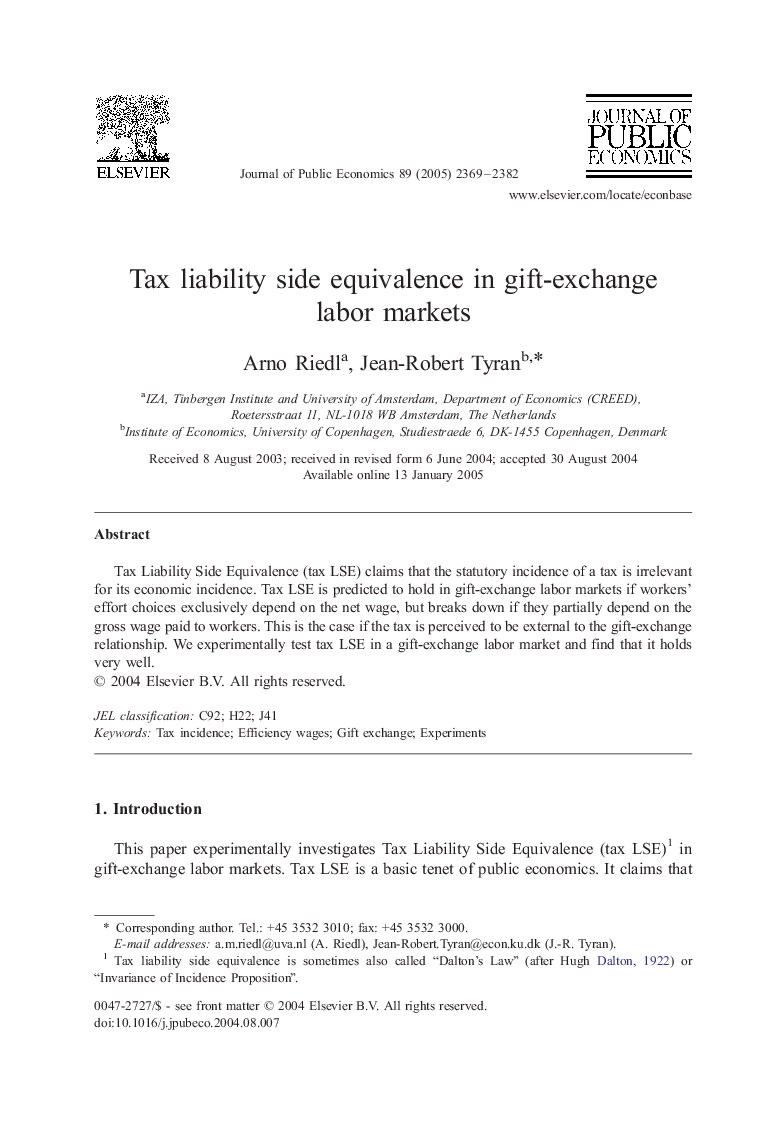 Tax liability side equivalence in gift-exchange labor markets