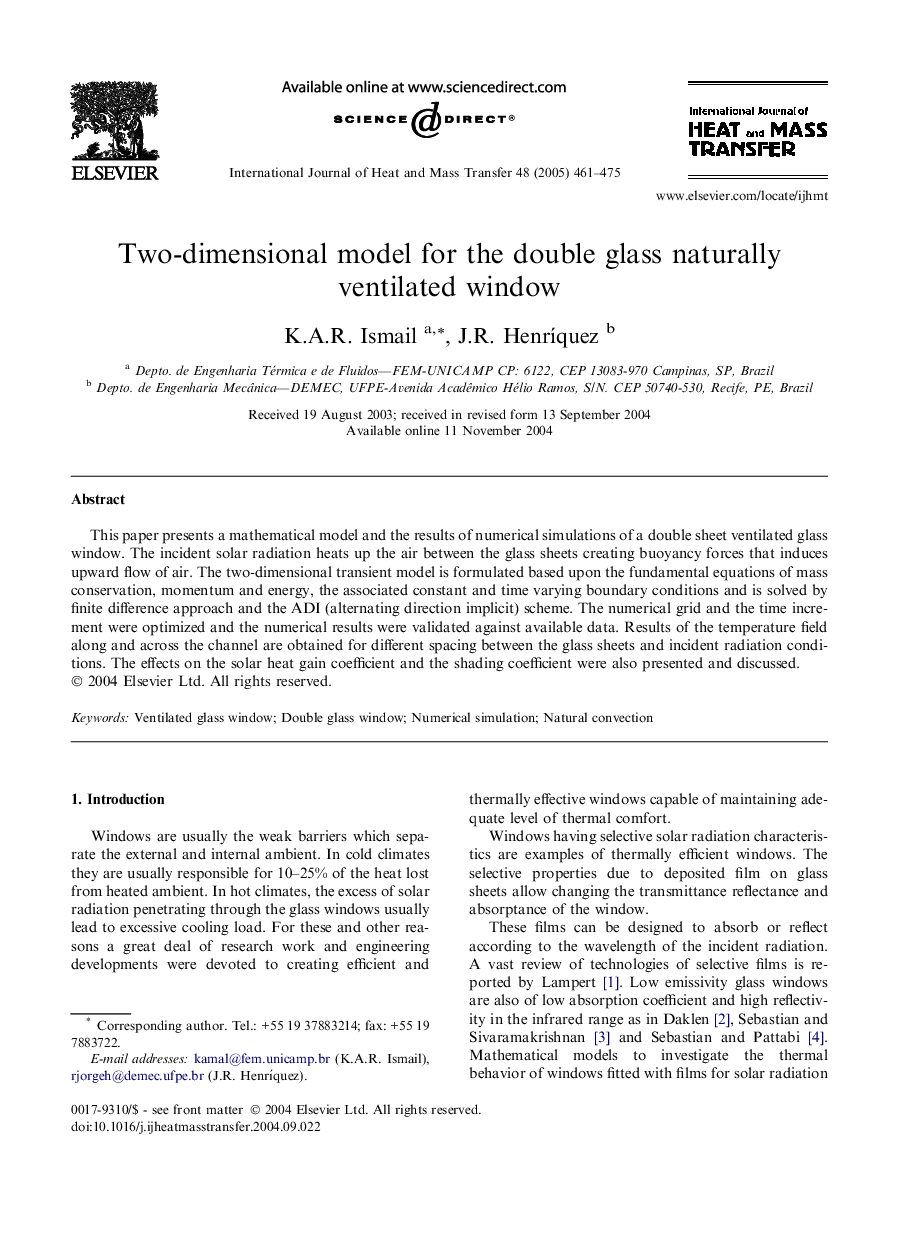 Two-dimensional model for the double glass naturally ventilated window