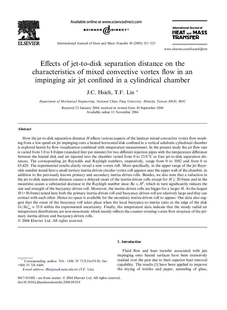 Effects of jet-to-disk separation distance on the characteristics of mixed convective vortex flow in an impinging air jet confined in a cylindrical chamber