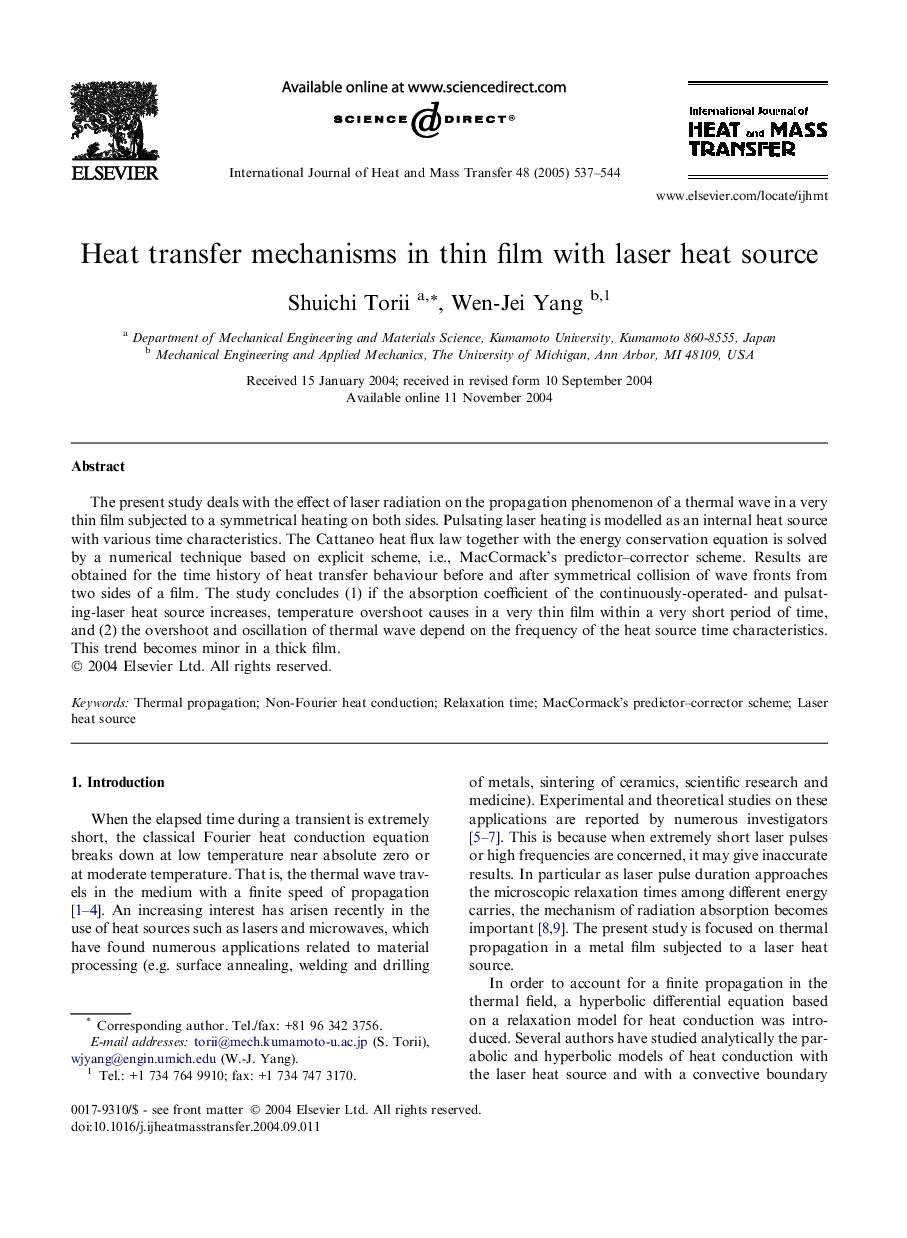 Heat transfer mechanisms in thin film with laser heat source